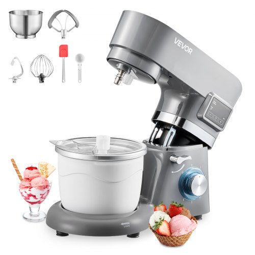 Glassmaskin, 1,7 l kapacitet, elektrisk köksmaskin med 6 hastigheter, med digital LED-display och timer, mixerpaddel, degkrok, stänkskydd, för hemlagad fryst yoghurt, fruktsorbet och gelato, grå