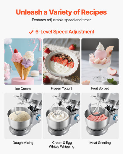 Glassmaskin, 1,7 l kapacitet, elektrisk köksmaskin med 6 hastigheter, med digital LED-display och timer, mixerpaddel, degkrok, stänkskydd, för hemlagad fryst yoghurt, fruktsorbet och gelato, grå
