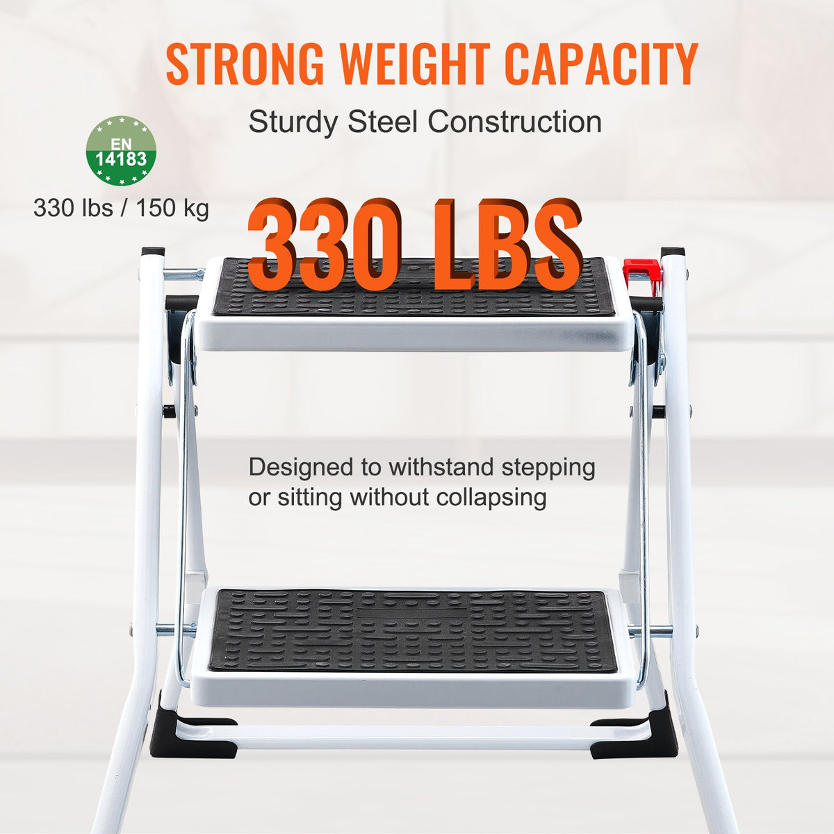 Stege 2-stegs 150 kg kapacitet, ergonomisk hopfällbar stålpall med bred halkfri pedal, robust pall för vuxna småbarn, multifunktionell för hushåll, kök, kontor, husbilar