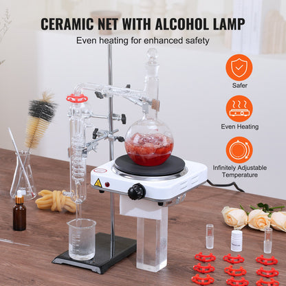 Destillationskit för eteriska oljor, 500 ml destillationsapparat, 3,3 Boro-destillationskit i laboratorieglas med 1000 W värmeplatta och 24 delar, 40 leder, 33 delars set