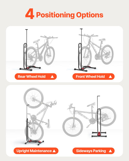 Bike Rack, Upright Bike Stand Floor for 406.4 to 700 mm Mountain & Road Bikes, Vertical & Horizontal Bicycle Stand for Secure Parking and Storage in Garage, Truck Bed, Indoor, Outdoor, Black