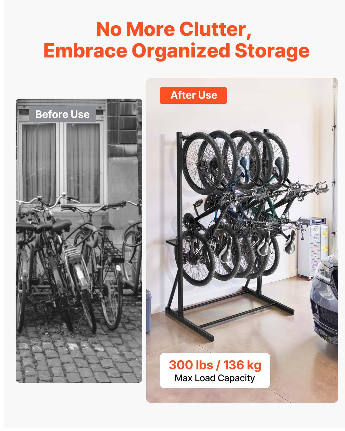 Cykelställ, 136 kg kapacitet för upp till 5 cyklar, fristående cykelförvaringsställ, vertikalt cykelställ i kolstål för hem, trädgård, garage, vardagsrum, cykelförvaringsställ för inomhus-/utomhuscyklar