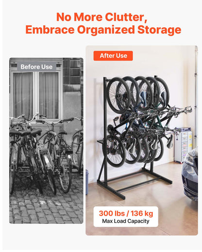 Cykelställ, 136 kg kapacitet för upp till 5 cyklar, fristående cykelförvaringsställ, vertikalt cykelställ i kolstål för hem, trädgård, garage, vardagsrum, cykelförvaringsställ för inomhus-/utomhuscyklar