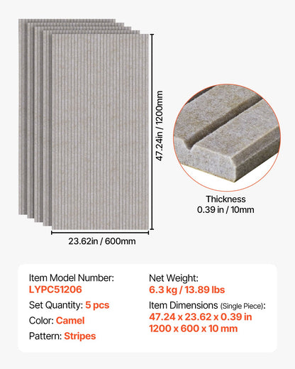 5-pack akustiska paneler med självhäftande material, 47,2 x 23,6 x 0,4 tum ljudisolerande skumpaneler, ljudisolerade väggpaneler av polyesterfiber med hög densitet, för hem, studio, kontor, teater, kamelfärgad