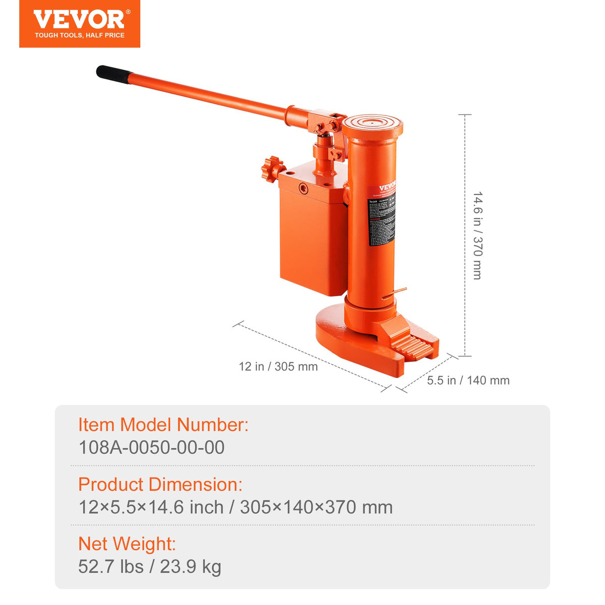 Hydraulisk domkraft, 5 tons domkraftslyft på tå, 10 tons maskindomkraft med topplyftkapacitet, 1,0-9,1 tum tåhöjd, 14,6-22,4 tum topphöjd, 360° roterbar klodomkraft för maskiner, industri