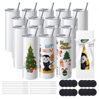 16-pack raka sublimeringsmuggar, 20 oz/567 g tomma muggar i bulk, dubbelväggiga muggar i rostfritt stål med sugrör, lock, borste, botten, krympplast, presentask, för värmepress och värmeöverföring