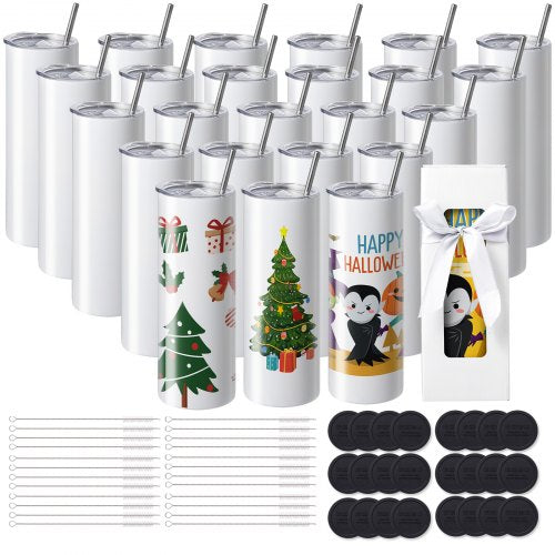 24-pack raka sublimeringsmuggar, 591,5 ml tomma tumblermuggar i bulk, dubbelväggiga tumblermuggar i rostfritt stål med sugrör, lock, borste, botten, krympplast, presentask, för värmepress och värmeöverföring