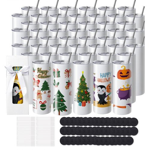 50-pack raka sublimeringsmuggar, 20 oz/567 g tomma muggar i bulk, dubbelväggiga muggar i rostfritt stål med sugrör, lock, borste, botten, krympplast, presentask, för värmepress och värmeöverföring