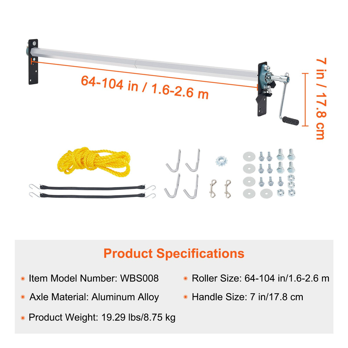Handvevad presenningsrulle, 64" till 104" bred, aluminiumlegering, manuell hyttnivå presenningsrulle för dumper med 7" svampinpackat handtag, perfekt för dumper, släpvagnar, sopbilar (utan presenning)