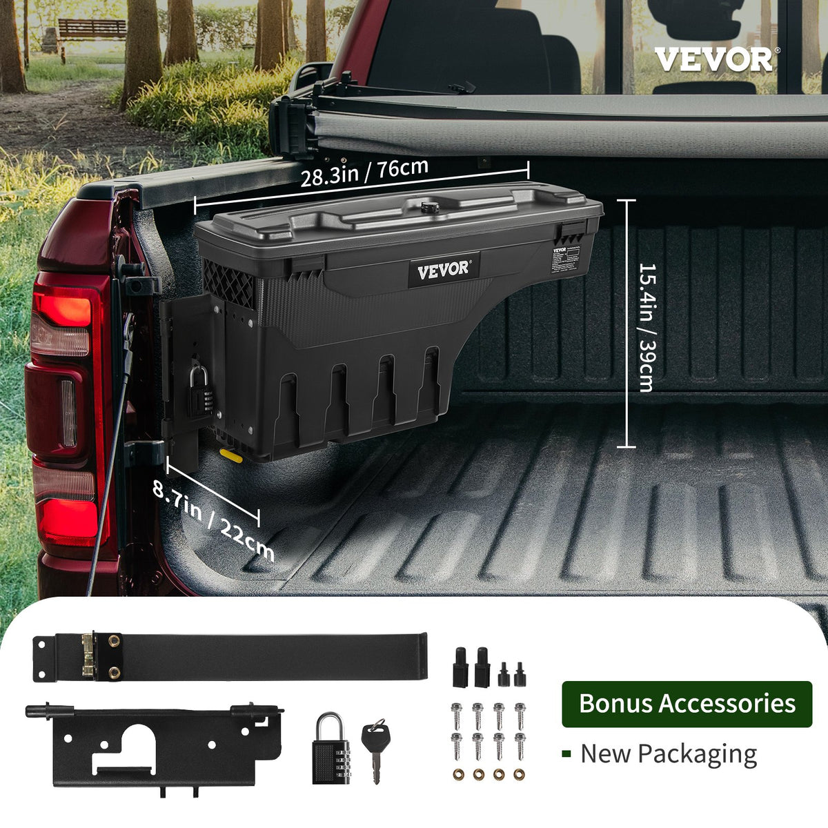 Förvaringslåda för lastbilsflak, låsbart lock, vattentät ABS-verktygslåda för hjulhus 20 liter med lösenordslås, kompatibel med Dodge Ram 1500 2019-2021, förarsida, svart