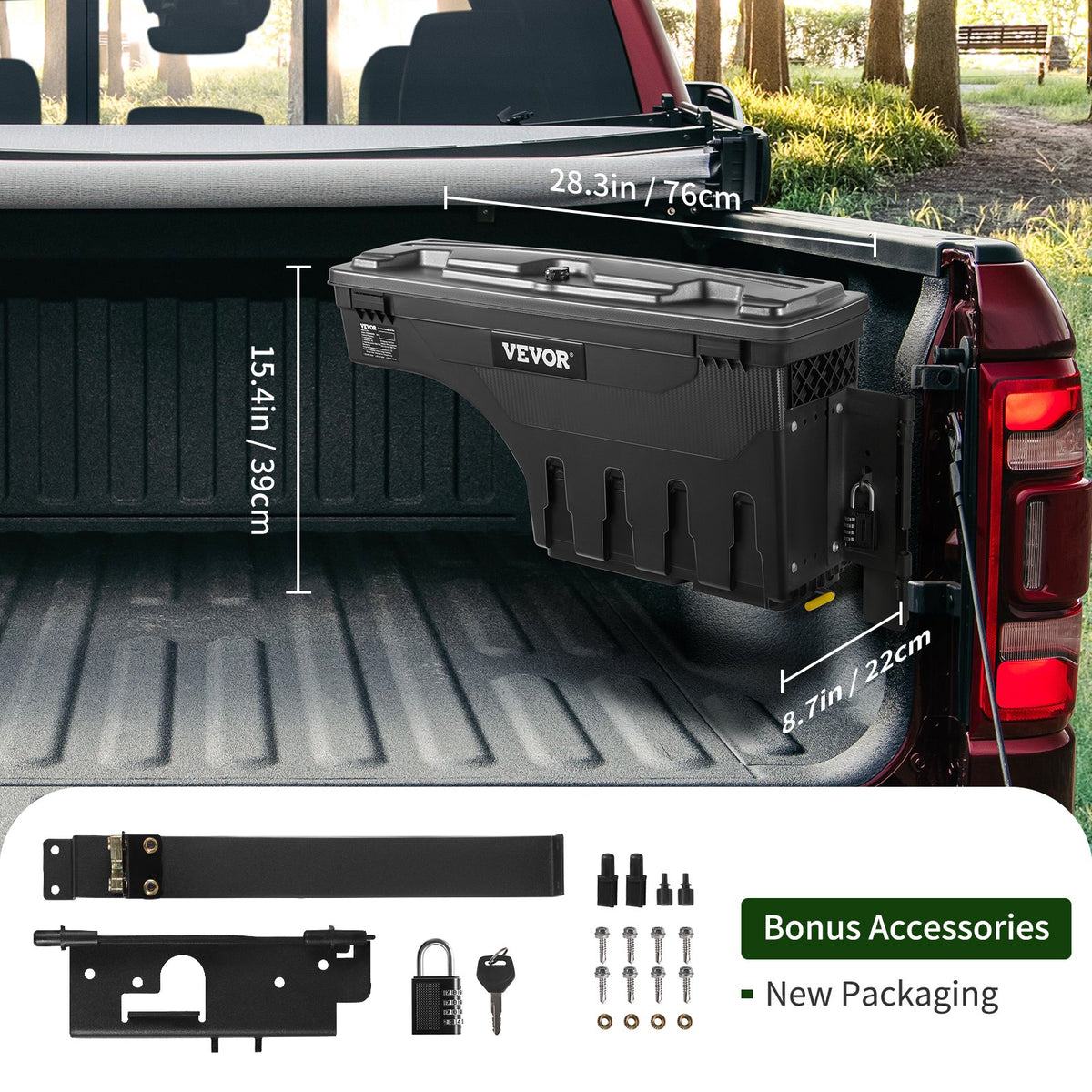 Förvaringslåda för lastbilsflak, låsbart lock, vattentät ABS-verktygslåda för hjulhus 20 liter med lösenordslås, kompatibel med Dodge Ram 1500 2019-2021, passagerarsida, svart