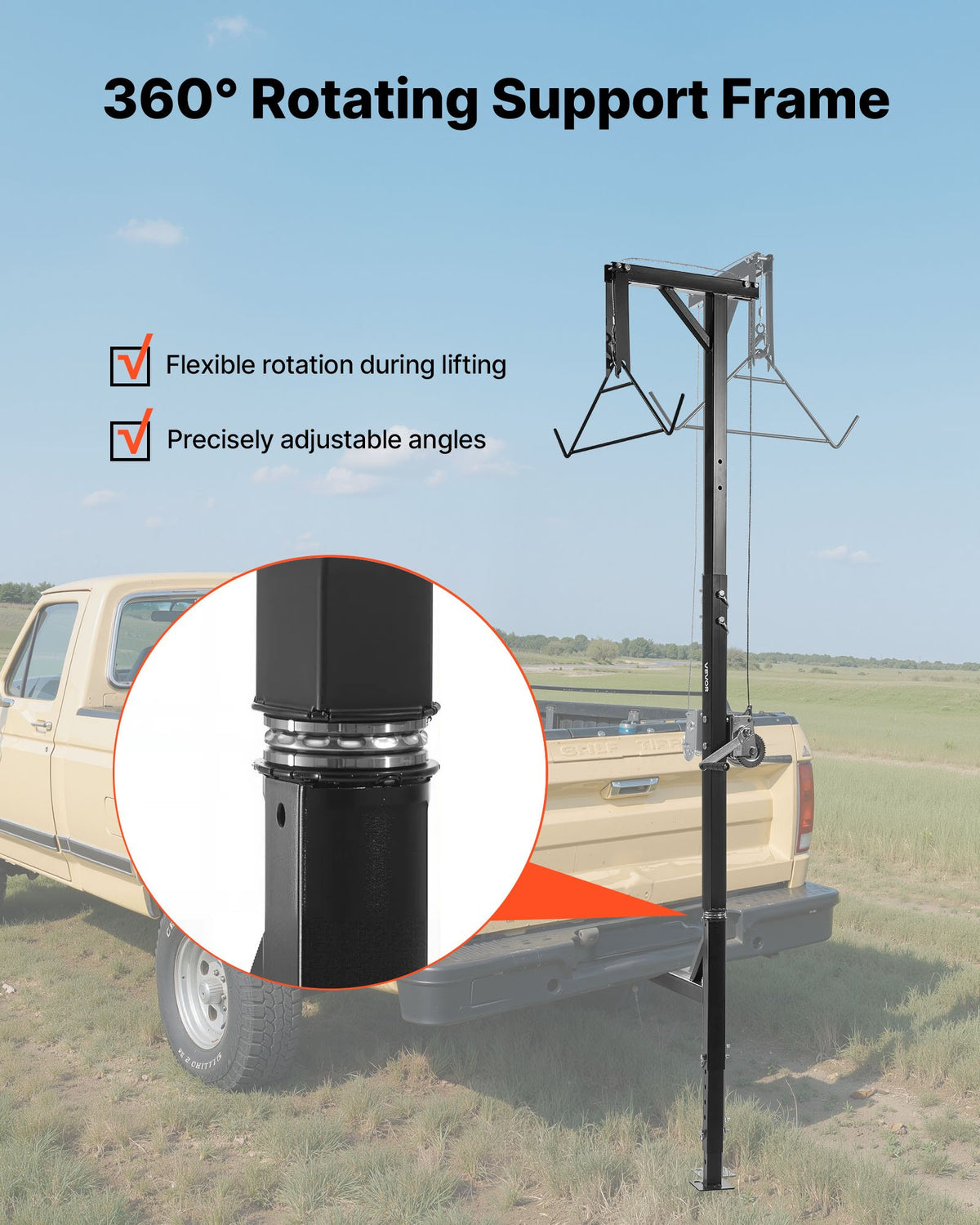 Truck Hitch Game Hoist, 600 lbs Load Capacity, Hunting Deer Hoist with 2-inch Receiver, 360-Degree Swivel Shaft & Adjustable Height, Includes Gambrel Winch for Skinning & Cleaning Game