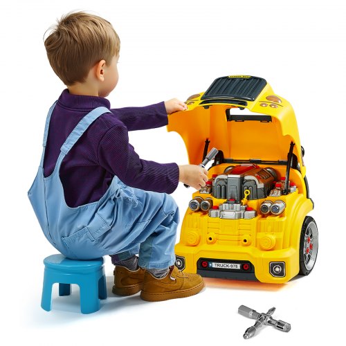 Motorleksak, 60 delar, barnmekanikerbilreparationsset med avtagbara delar, ljus och ljud, ratt och tuta, barnmekanikerverkstadsset för småbarn från 3 år, gul