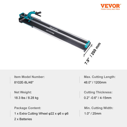 Manual Tile Cutter, 1200mm, Porcelain Ceramic Tile Cutter with Tungsten Carbide Cutting Wheel, Infrared Positioning, Anti-Skid Feet, Double Rails for professional installers or beginners