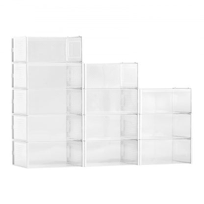Skoförvaringslådor, 12-pack stapelbara skokartonger, passar upp till US-storlek 11, modulära plastbehållare för förvaring av höga klackar, stövlar och hattar, vit ram