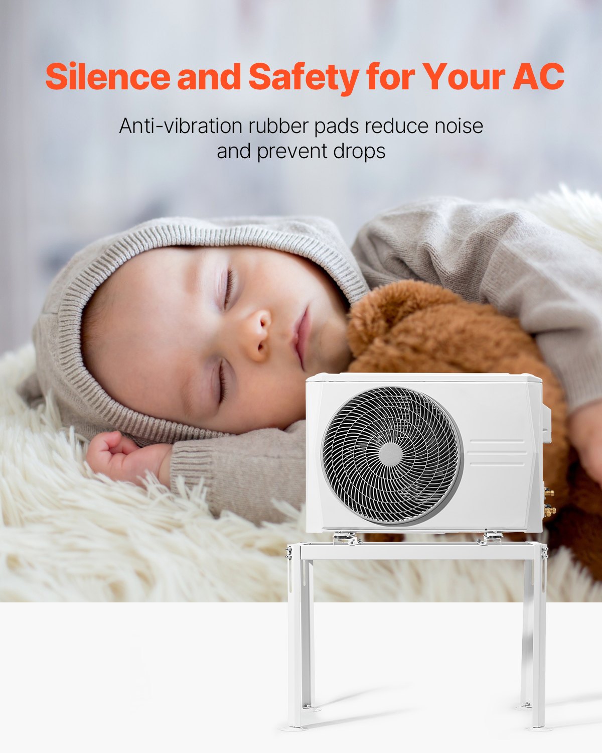 Mini Split Ground Stand, Adjustable Anti-Vibration Mini Split Stand for 9000-18000 BTU Ductless Air Conditioner Heat Pump, Heavy Duty AC Base Bracket Floor Mount w/ 200kg Max. Load Capacity