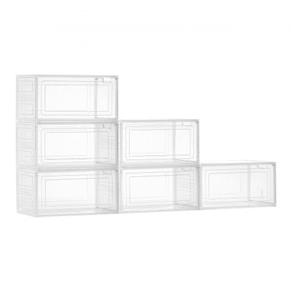 Skoförvaringslådor, 6-pack genomskinliga stapelbara skokartonger med magnetisk dörr, passar upp till US-storlek 13, plastbehållare för sneakers för höga klackar, stövlar och hattar, transparent vit