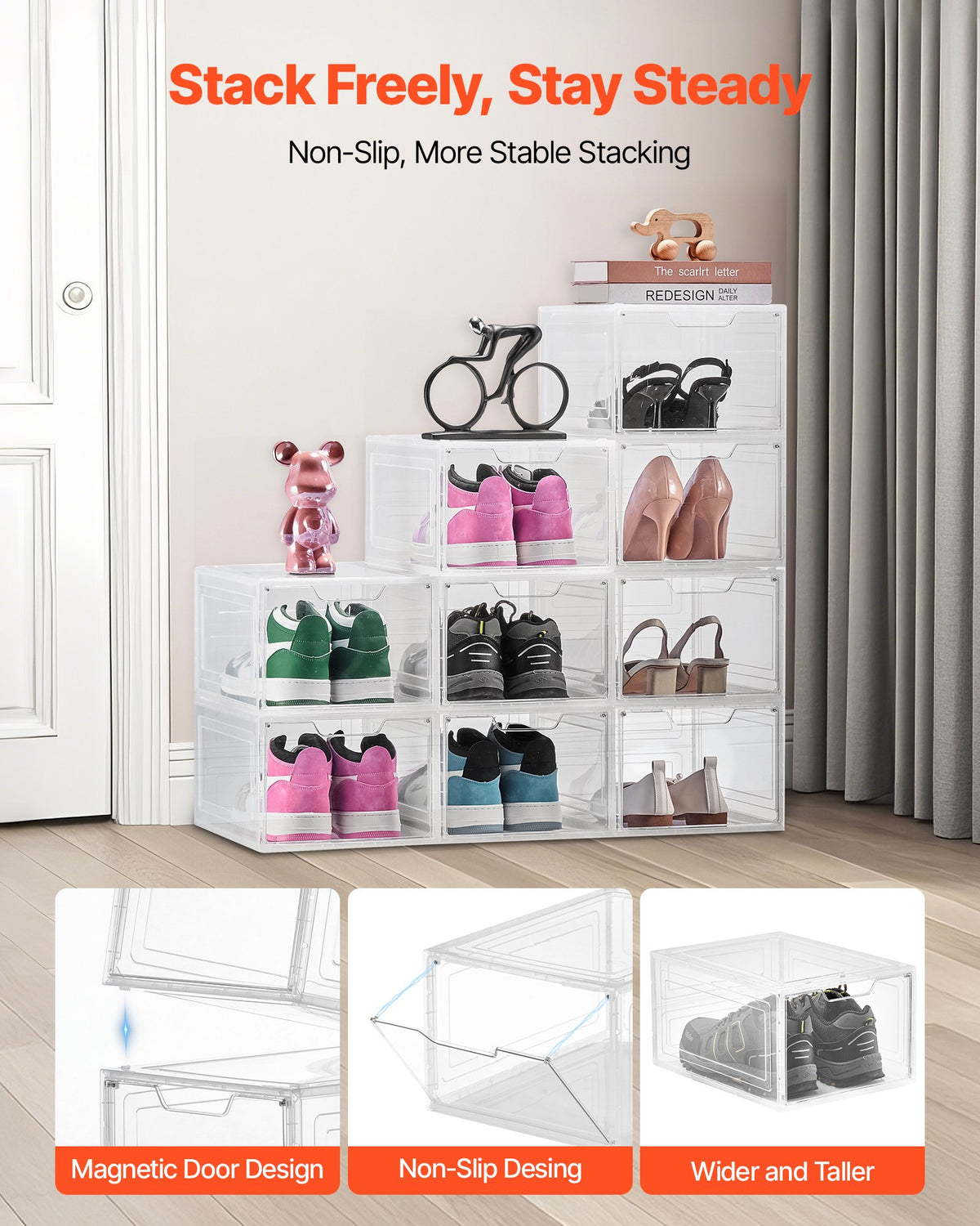 Skoförvaringslådor, 9-pack genomskinliga stapelbara skokartonger med magnetisk dörr, passar upp till US-storlek 13, plastbehållare för sneakers för höga klackar, stövlar och hattar, transparent vit