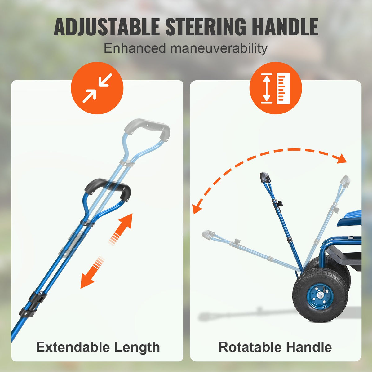 Garden Cart Rolling Workseat with Wheels, Gardening Stool for Planting, 360 Degree Swivel Seat, Wagon Scooter with Steering Handle & Utility Tool Tray, Use for Patio, Yard, and Outdoors, Blue