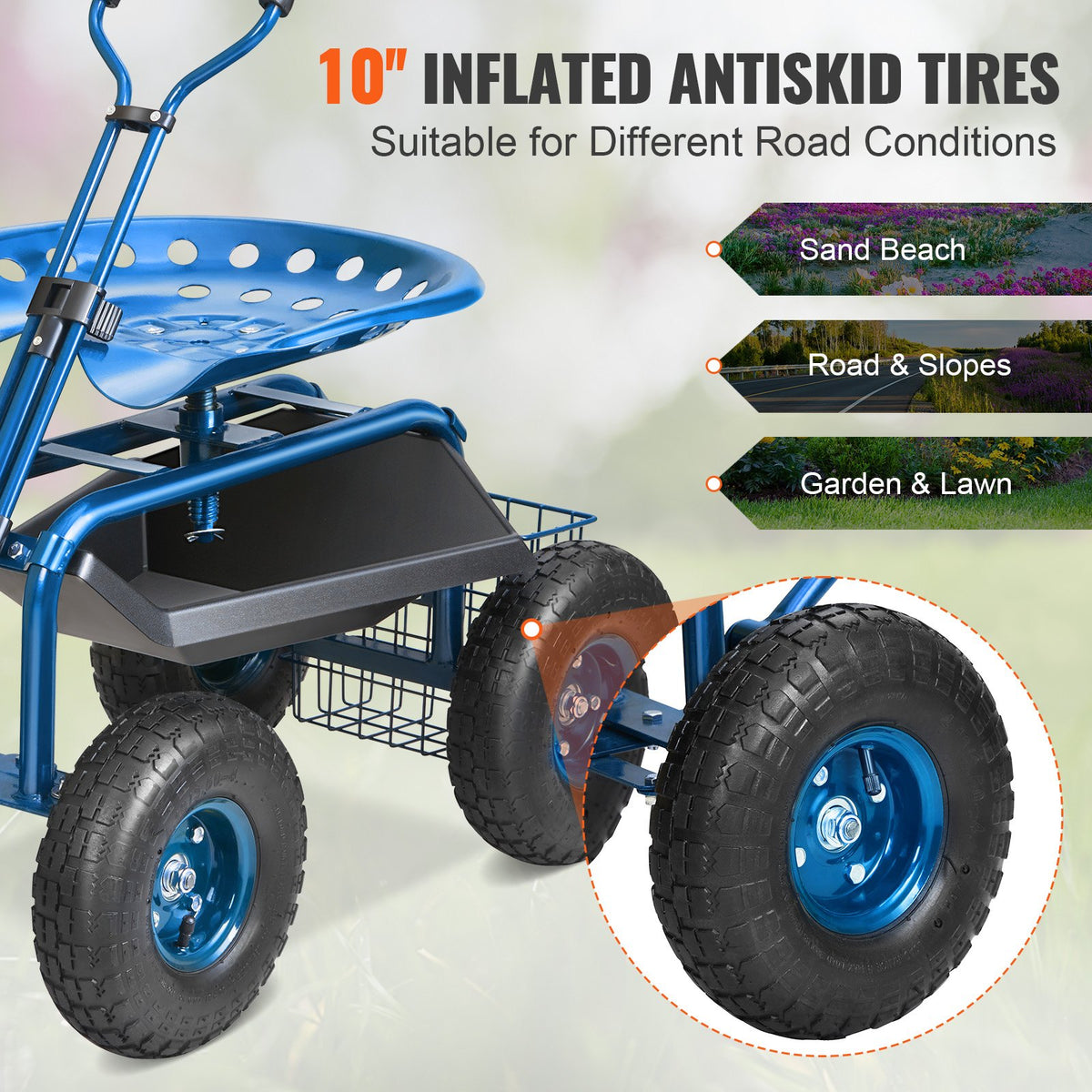 Garden Cart Rolling Workseat with Wheels, Gardening Stool for Planting, 360 Degree Swivel Seat, Wagon Scooter with Steering Handle & Utility Tool Tray, Use for Patio, Yard, and Outdoors, Blue