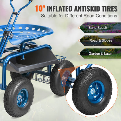 Garden Cart Rolling Workseat with Wheels, Gardening Stool for Planting, 360 Degree Swivel Seat, Wagon Scooter with Steering Handle & Utility Tool Tray, Use for Patio, Yard, and Outdoors, Blue