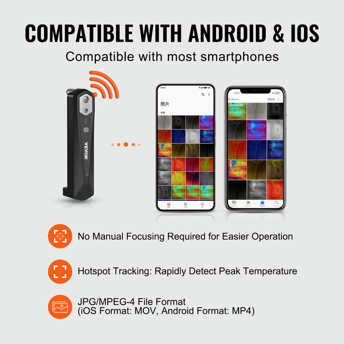 Värmekamera för Android och iOS, 256 x 192 IR-upplösning, trådlös infraröd värmekamera med WiFi och visuell kamera, 25Hz uppdateringsfrekvens, värmekamera för smartphone, -4°F-1022°F, IP54