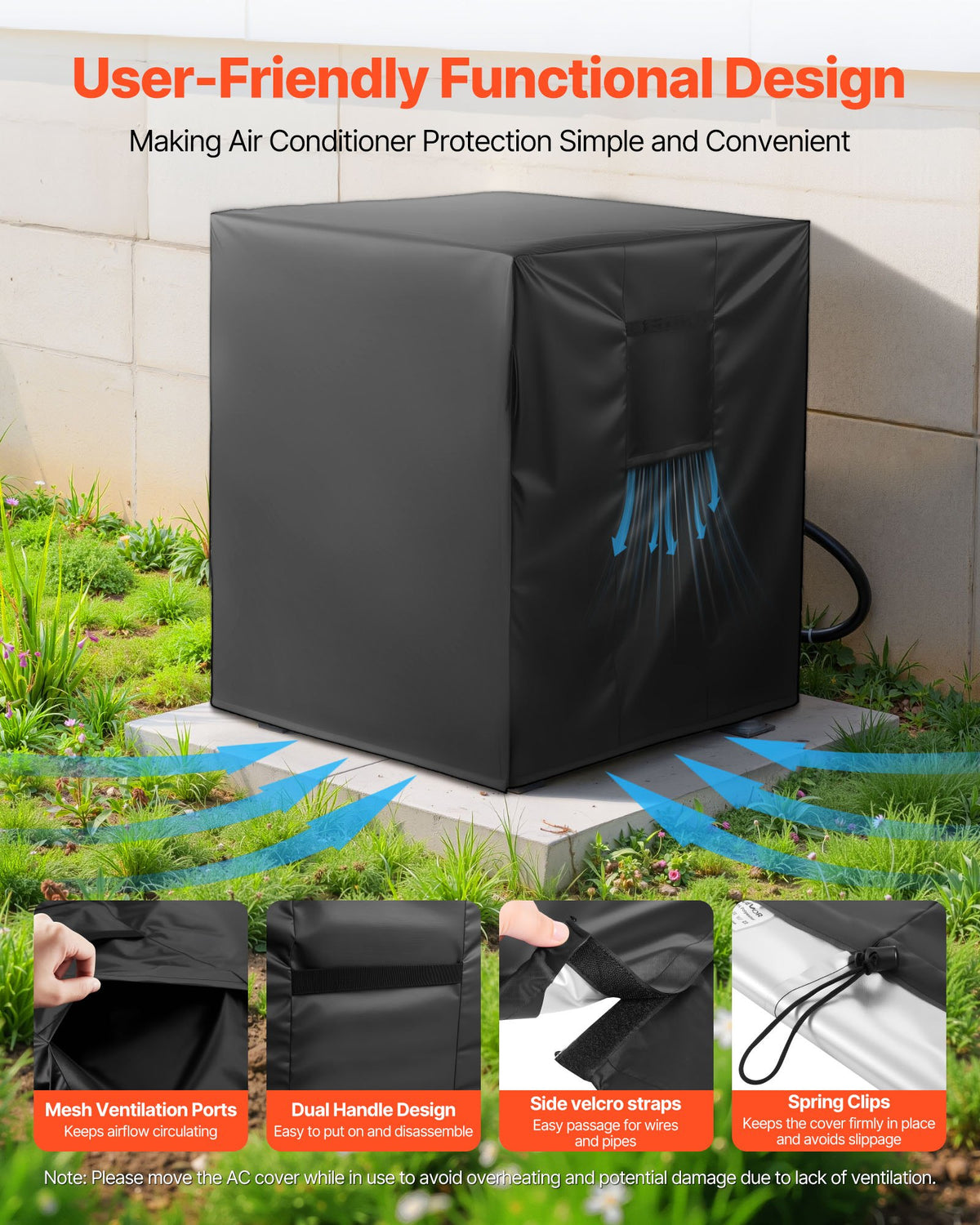 Air Conditioner Cover, 610 x 610 x 762 mm Ac Cover for Air Conditioning Unit, Three-Layer, Waterproof Polyester Fabric, Mesh Ventilation, Universal Defender for Outdoor Outside Ac Unit, Black