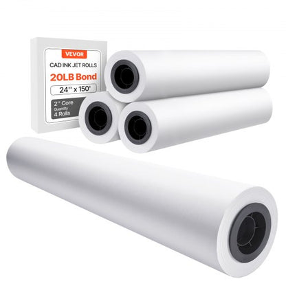 Bredformatspapper, plotterpapper 24 tum x 150 fot, 4 rullar CAD-pappersrullar med 2 tums kärna, 20 LB-pappersrullar, perfekt för CAD-ritningar, tekniska planer, GIS-kartor och arkitektoniska designer