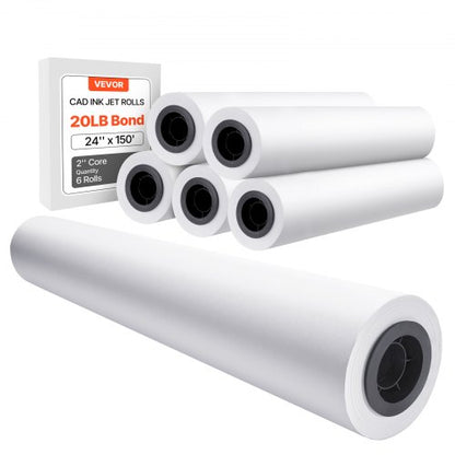 Bredformatspapper, plotterpapper 24 tum x 150 fot, 6 rullar CAD-pappersrullar med 2 tums kärna, 20 LB-pappersrullar, perfekt för CAD-ritningar, tekniska planer, GIS-kartor och arkitektoniska designer