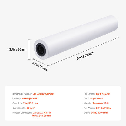Bredformatspapper, plotterpapper 24 tum x 150 fot, 6 rullar CAD-pappersrullar med 2 tums kärna, 20 LB-pappersrullar, perfekt för CAD-ritningar, tekniska planer, GIS-kartor och arkitektoniska designer