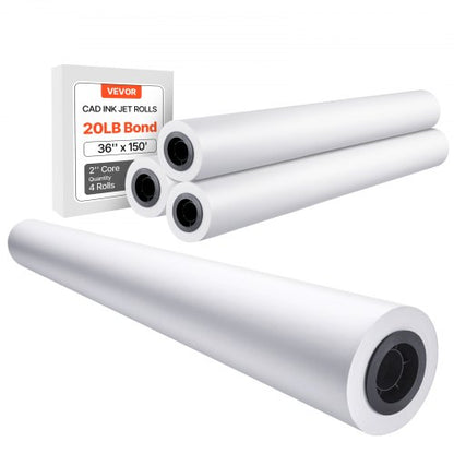 Bredformatspapper, plotterpapper 36 tum x 150 fot, 4 rullar CAD-pappersrullar med 2 tums kärna, 20 LB-pappersrullar, perfekt för CAD-ritningar, tekniska planer, GIS-kartor och arkitektoniska designer