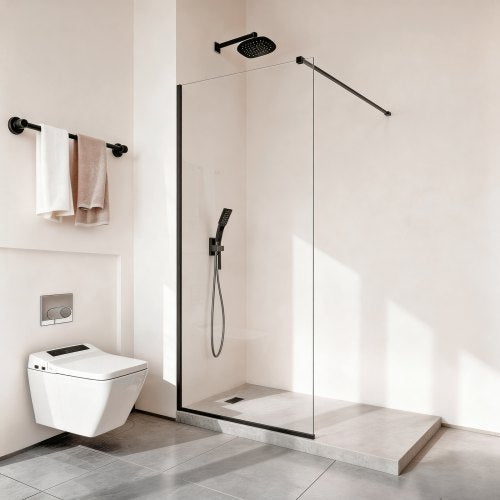 Fixed Glass Shower Panel, 864 x 1870 mm Semi-Framed Fixed Shower Screen, 8 mm Thick Clear Tempered Glass Door with Bottom Seal Strip and Hardware, Easy to Clean, for Bathroom, Matte Black