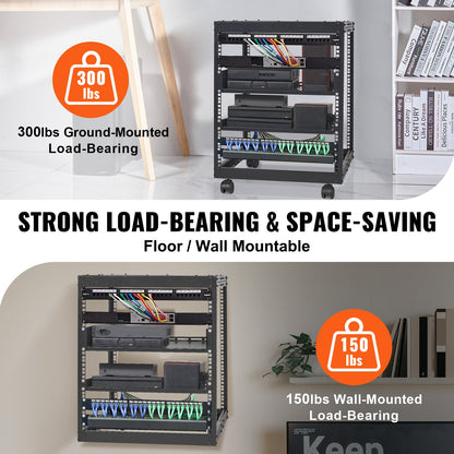 12U serverrack med öppet ramverk, 58,5-101,6 cm justerbart djup, fristående eller väggmonterat nätverksserverrack, AV-rack med 4 stolpar och hjul, rymmer all din nätverks-IT-utrustning AV-utrustning router modem