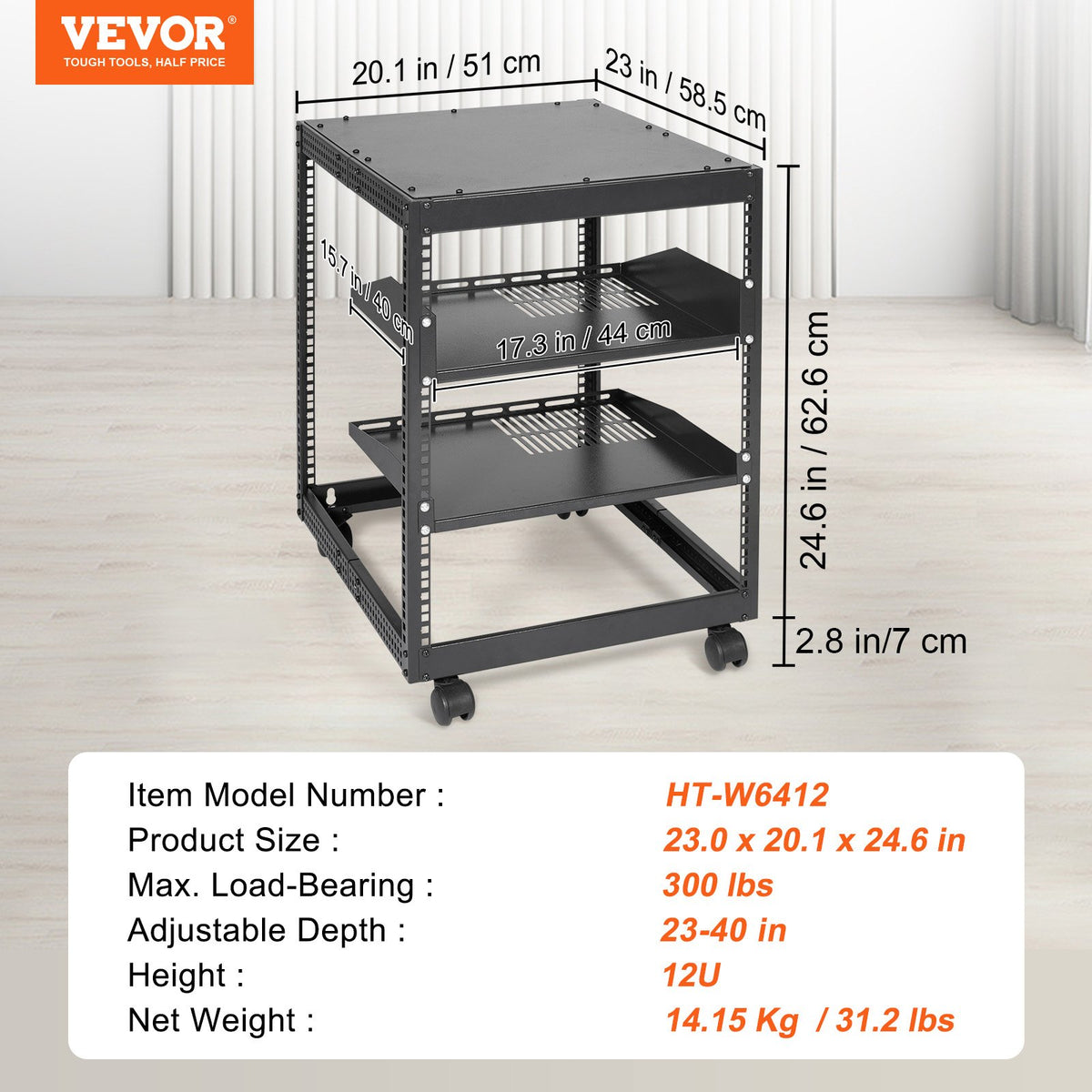 12U serverrack med öppet ramverk, 58,5-101,6 cm justerbart djup, fristående eller väggmonterat nätverksserverrack, AV-rack med 4 stolpar och hjul, rymmer all din nätverks-IT-utrustning AV-utrustning router modem