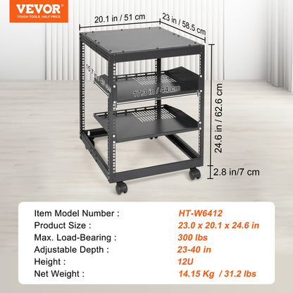 12U serverrack med öppet ramverk, 58,5-101,6 cm justerbart djup, fristående eller väggmonterat nätverksserverrack, AV-rack med 4 stolpar och hjul, rymmer all din nätverks-IT-utrustning AV-utrustning router modem