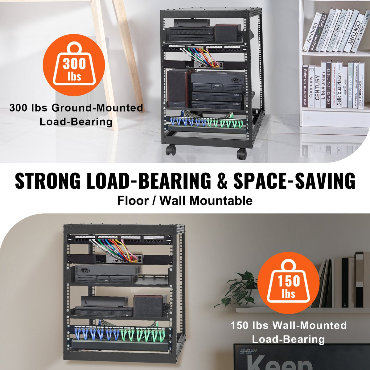 15U serverrack med öppet ramverk, 58,5–101,6 cm/23–40 tum justerbart djup, fristående eller väggmonterat nätverksserverrack, AV-rack med 4 stolpar och hjul, rymmer all din nätverks-IT-utrustning AV-utrustning Router Modem