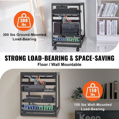 15U serverrack med öppet ramverk, 58,5–101,6 cm/23–40 tum justerbart djup, fristående eller väggmonterat nätverksserverrack, AV-rack med 4 stolpar och hjul, rymmer all din nätverks-IT-utrustning AV-utrustning Router Modem