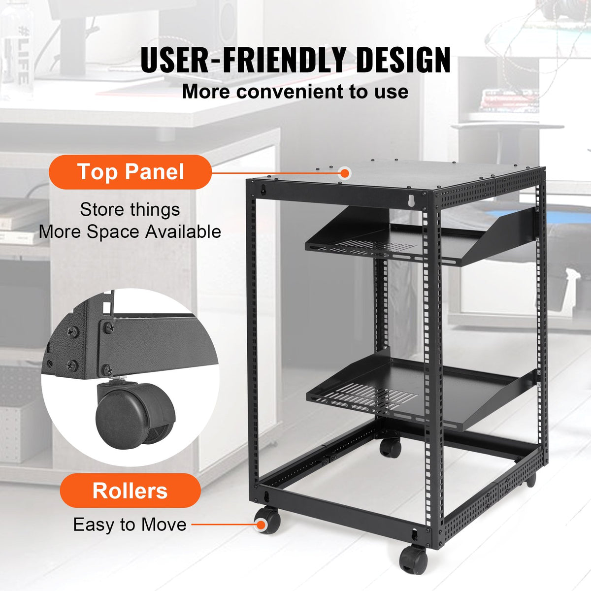 15U serverrack med öppet ramverk, 58,5–101,6 cm/23–40 tum justerbart djup, fristående eller väggmonterat nätverksserverrack, AV-rack med 4 stolpar och hjul, rymmer all din nätverks-IT-utrustning AV-utrustning Router Modem