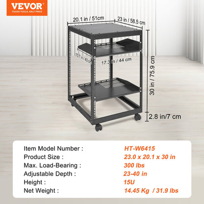 15U serverrack med öppet ramverk, 58,5–101,6 cm/23–40 tum justerbart djup, fristående eller väggmonterat nätverksserverrack, AV-rack med 4 stolpar och hjul, rymmer all din nätverks-IT-utrustning AV-utrustning Router Modem