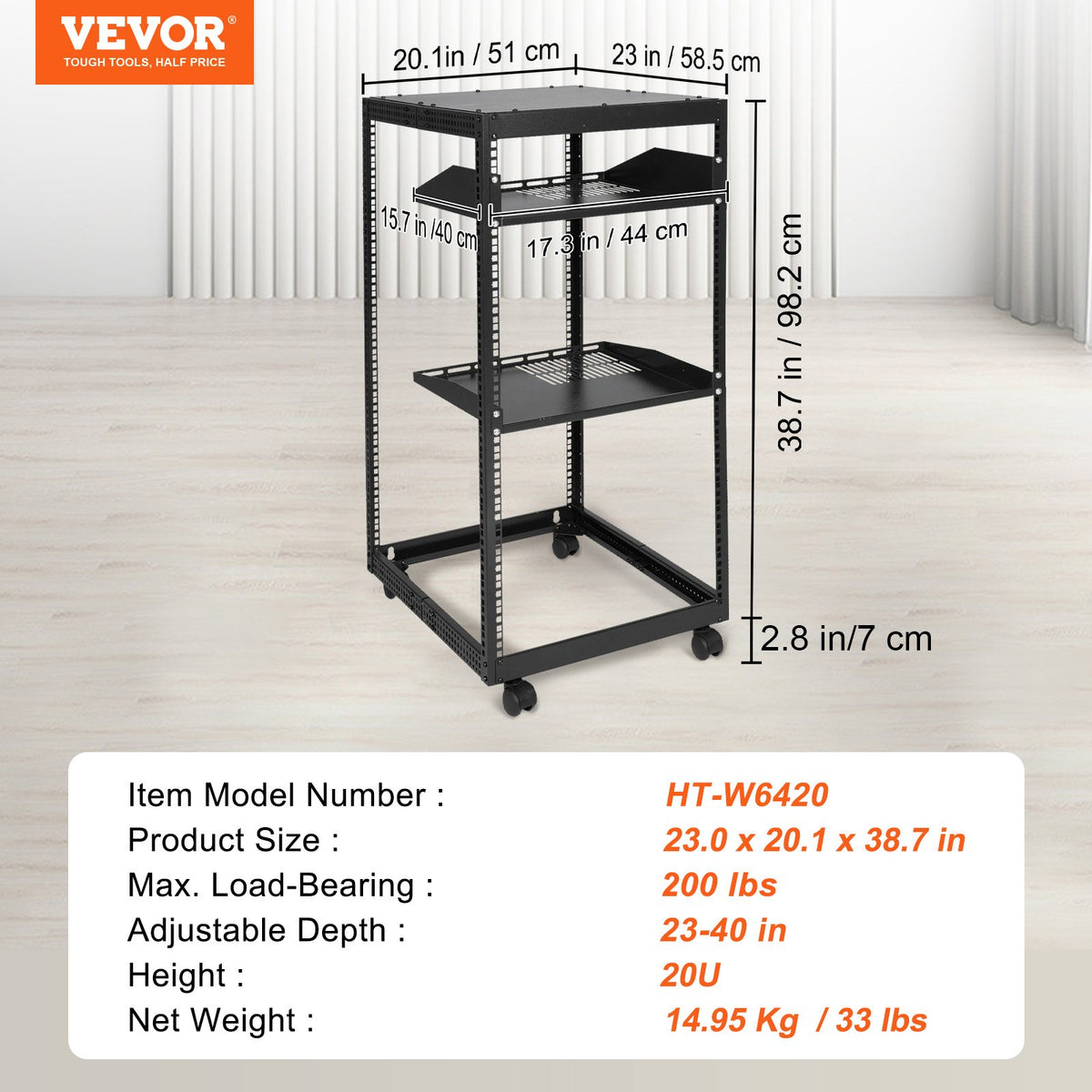 20U serverrack med öppet ramverk, 58,5–101,6 cm/223–40 tum justerbart djup, fristående eller väggmonterat nätverksserverrack, AV-rack med 4 stolpar och hjul, rymmer all din nätverks-IT-utrustning AV-utrustning Router Modem
