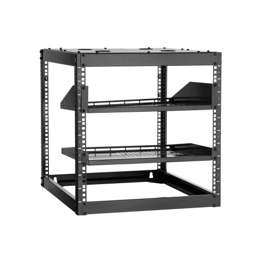 10U Open Frame Network Rack, 585 mm Depth, Wall Mounted or Floor Standing Server Rack, Heavy Duty 4 Post, with Vented Shelves & Mounting Hardware, Holds All Your Networking IT Equipment AV Gear