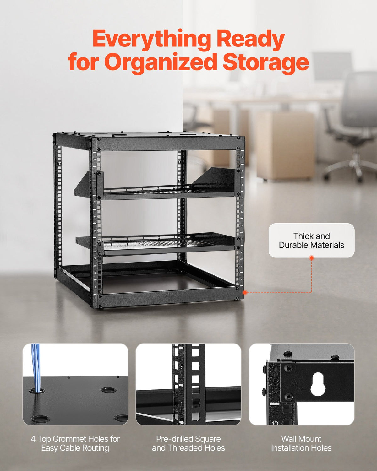 10U Open Frame Network Rack, 585 mm Depth, Wall Mounted or Floor Standing Server Rack, Heavy Duty 4 Post, with Vented Shelves & Mounting Hardware, Holds All Your Networking IT Equipment AV Gear