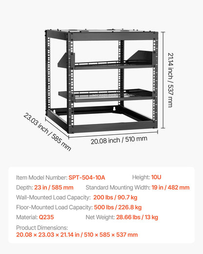 10U Open Frame Network Rack, 585 mm Depth, Wall Mounted or Floor Standing Server Rack, Heavy Duty 4 Post, with Vented Shelves & Mounting Hardware, Holds All Your Networking IT Equipment AV Gear