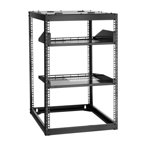 16U nätverksrack med öppet ramverk, 585 mm djup, väggmonterat eller golvstående serverrack, kraftigt 4-pelares rack, med ventilerade hyllor och monteringsdetaljer, rymmer all din nätverks-IT-utrustning och AV-utrustning
