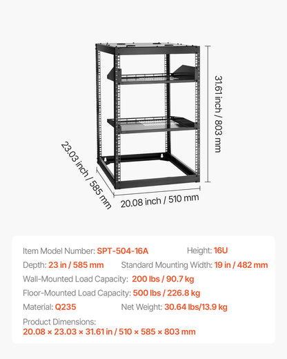 16U nätverksrack med öppet ramverk, 585 mm djup, väggmonterat eller golvstående serverrack, kraftigt 4-pelares rack, med ventilerade hyllor och monteringsdetaljer, rymmer all din nätverks-IT-utrustning och AV-utrustning