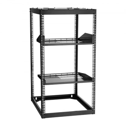 20U nätverksrack med öppet ramverk, 585 mm djup, väggmonterat eller golvstående serverrack, kraftigt 4-pelare, med ventilerade hyllor och monteringsdetaljer, rymmer all din nätverks-IT-utrustning och AV-utrustning