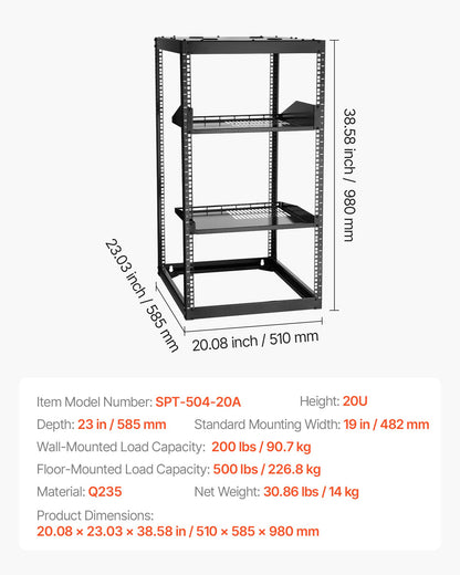 20U nätverksrack med öppet ramverk, 585 mm djup, väggmonterat eller golvstående serverrack, kraftigt 4-pelare, med ventilerade hyllor och monteringsdetaljer, rymmer all din nätverks-IT-utrustning och AV-utrustning
