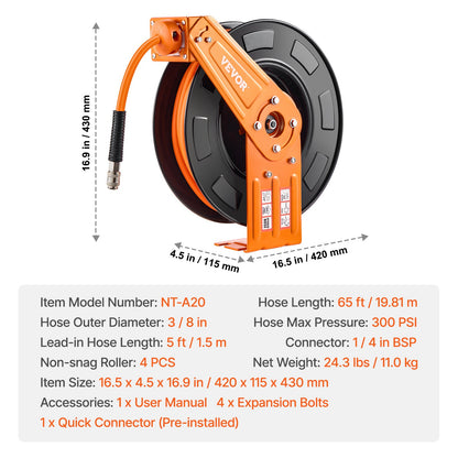 Indragbar luftslangvinda, 3/8 tum x 65 fot hybridluftslang max 300 PSI, automatisk återupprullning av luftkompressorslang med 5 fot ingång, tak-/väggmonterad kraftig enkelarmsvinda för verkstadsgarage