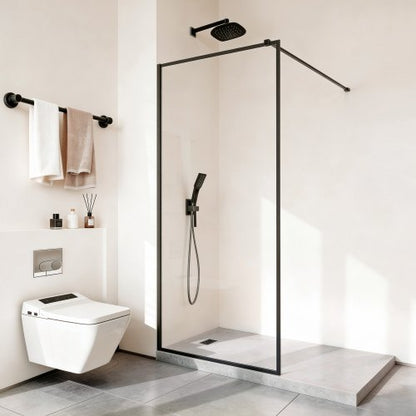 Fixed Glass Shower Panel, 864 x 1870 mm Full-Framed Fixed Shower Screen, 8 mm Thick Clear Tempered Glass Door with Bottom Seal Strip and Hardware, Easy to Clean, for Bathroom, Matte Black