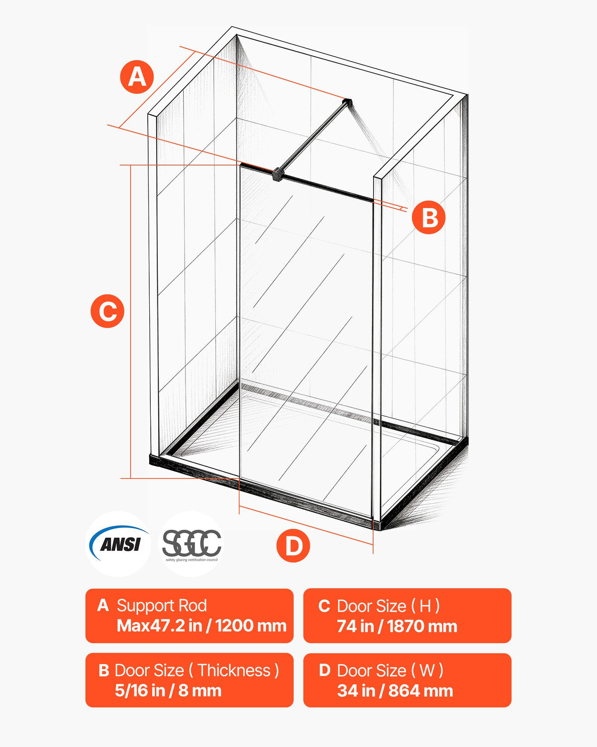 Fixed Glass Shower Panel, 864 x 1870 mm Full-Framed Fixed Shower Screen, 8 mm Thick Clear Tempered Glass Door with Bottom Seal Strip and Hardware, Easy to Clean, for Bathroom, Matte Black